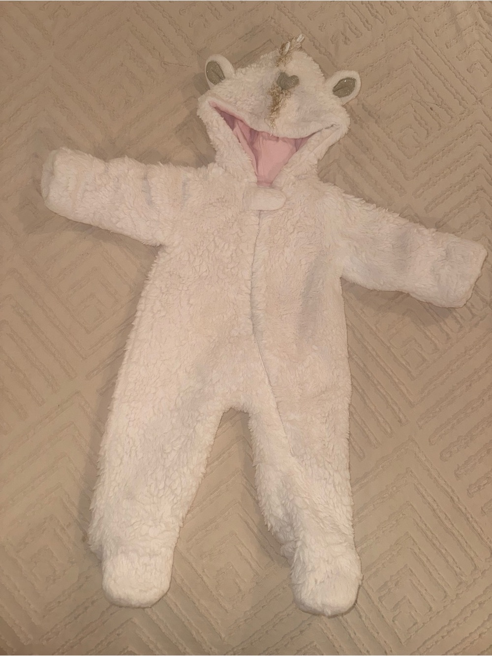 Mud Pie White Fuzzy Unicorn Footed One-Piece with Pink Hood Lining